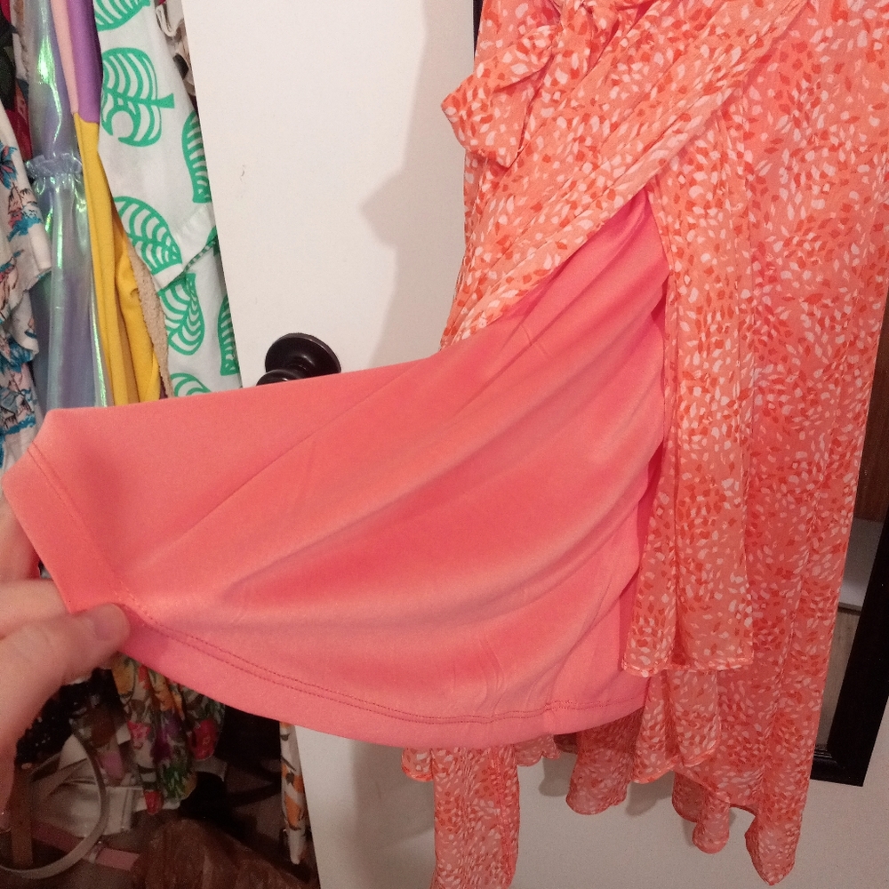 🧁B2G1🧁 DKNY Coral High Low Faux-Wrap Dress with Tie - Picture 7 of 13